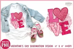 LOVE word art with pink patterns and glitter inside the text on a white t-shirt