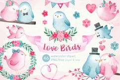 Watercolor Valentine Lovebirds Clipart, Wedding Birds PNG Product Image 1