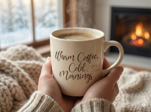 A ceramic coffee mug with a Warm Coffee quote in the sweet Lovely Coffee font