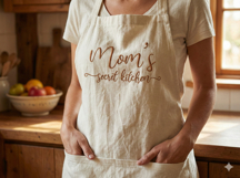 A cooking apron with the owner's name embroidered in the Lovely Coffee font with decorative swashes.