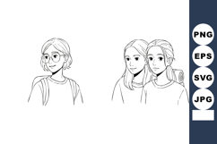 Three young girls in line art style with glasses and backpac Product Image 1