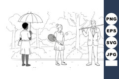 Woman with umbrella and golf players in park black and white Product Image 1
