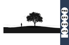 Solitary tree with person silhouette on hill black and white Product Image 1