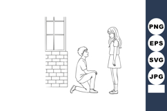Boy Kneeling and Girl Standing Near Brick Wall Window Outlin Product Image 1