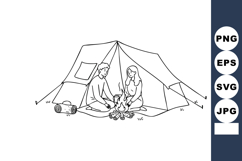 Camping couple sitting by campfire inside tent enjoying outd Product Image 1