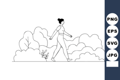 Woman Walking Outdoors Among Bushes Minimalist Line Art Vect Product Image 1