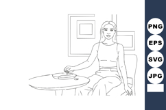 Woman sitting at round table with coffee cup minimal line ar Product Image 1