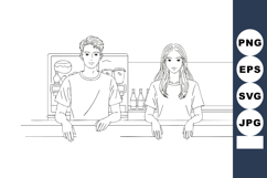 Young man and woman standing behind bar counter line art vec Product Image 1