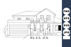 Family standing in front of house line art illustration with Product Image 1