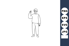 Young man standing pointing up casual clothing outline vecto Product Image 1