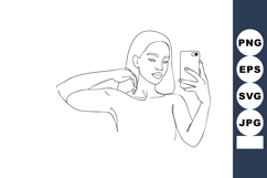 Young woman taking selfie with smartphone line art vector dr Product Image 1