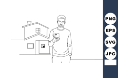 Man Holding Smartphone Standing Near Simple House Outline Mi Product Image 1