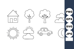 Simple black outline icons of house tree car sun moon and cl Product Image 1