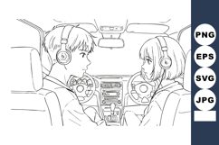Young couple in car listening to music with headphones vecto Product Image 1