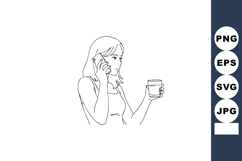 Woman talking on phone holding a glass cup simple line art v Product Image 1