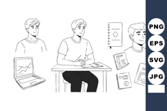 Young man studying with laptop and books in black and white Product Image 1