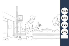 Man feeding bird outdoors near bus stop line art vector illu Product Image 1