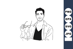 Young man holding glasses casual pose simple line art vector Product Image 1