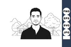 Young man portrait with house and trees background line art Product Image 1