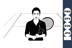 Young man holding tennis racket on tennis court black and wh Product Image 1