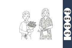 Boy Holding Flowers and Woman Watering Plants Gardening Life Product Image 1