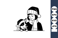 Girl and dog wearing winter hats and scarves in black and wh Product Image 1