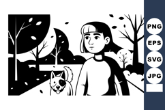Girl walking with dog in autumn park black and white vector Product Image 1