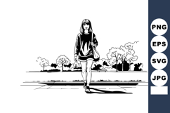Young woman walking outdoors in casual outfit black and whit Product Image 1