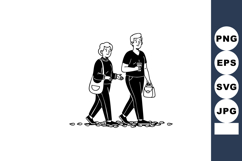 Elderly Couple Walking Leisurely Holding Drinks and Bags Vec Product Image 1