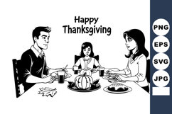 Family eating Thanksgiving dinner with pumpkin centerpiece a Product Image 1