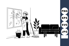 Woman cleaning window in living room with mop and bucket hou Product Image 1