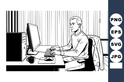 Man Working at Computer Desk in Office Interior Black and Wh Product Image 1