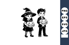 Children dressed in Halloween costumes holding carved pumpki Product Image 1