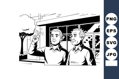Two men standing outdoors with peace sign gesture in monochr Product Image 1
