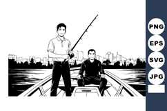 Two Men Fishing on Boat with City Skyline Background in Blac Product Image 1