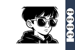 Young boy wearing sunglasses and hoodie black and white vect Product Image 1