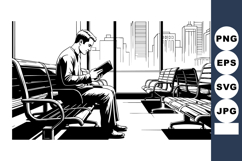 Man reading book in empty waiting room with city view black Product Image 1