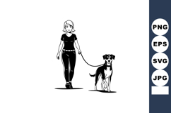Woman walking dog on leash in simple black and white vector Product Image 1