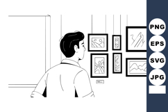 Man viewing framed art pieces in gallery interior vector ill Product Image 1