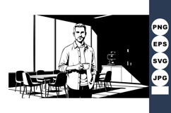 Man holding coffee cup in modern office space with large win Product Image 1