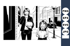 Mother and daughter walking with pumpkins on urban street ve Product Image 1