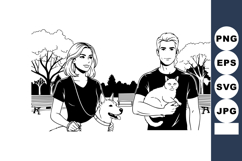 Young couple walking dog and holding cat in park with trees Product Image 1