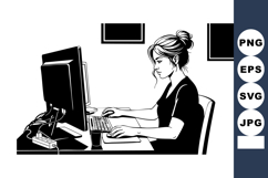 Woman working on desktop computer in office black and white Product Image 1