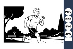 Man Running in Park Landscape with Trees Benches and Church Product Image 1