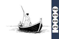 Woman standing in boat holding bucket and pole black and whi Product Image 1