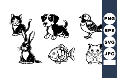 Cute black and white cartoon animals including cat dog rabbi Product Image 1