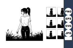 Young woman standing in grass field looking sideways silhoue Product Image 1