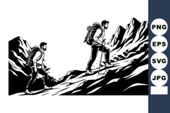 Two hikers climbing rocky mountain trail with backpacks and Product Image 1