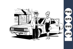 Old fashioned couple standing near classic car vintage style Product Image 1