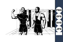 Muscular men flexing in gym locker room black and white vect Product Image 1